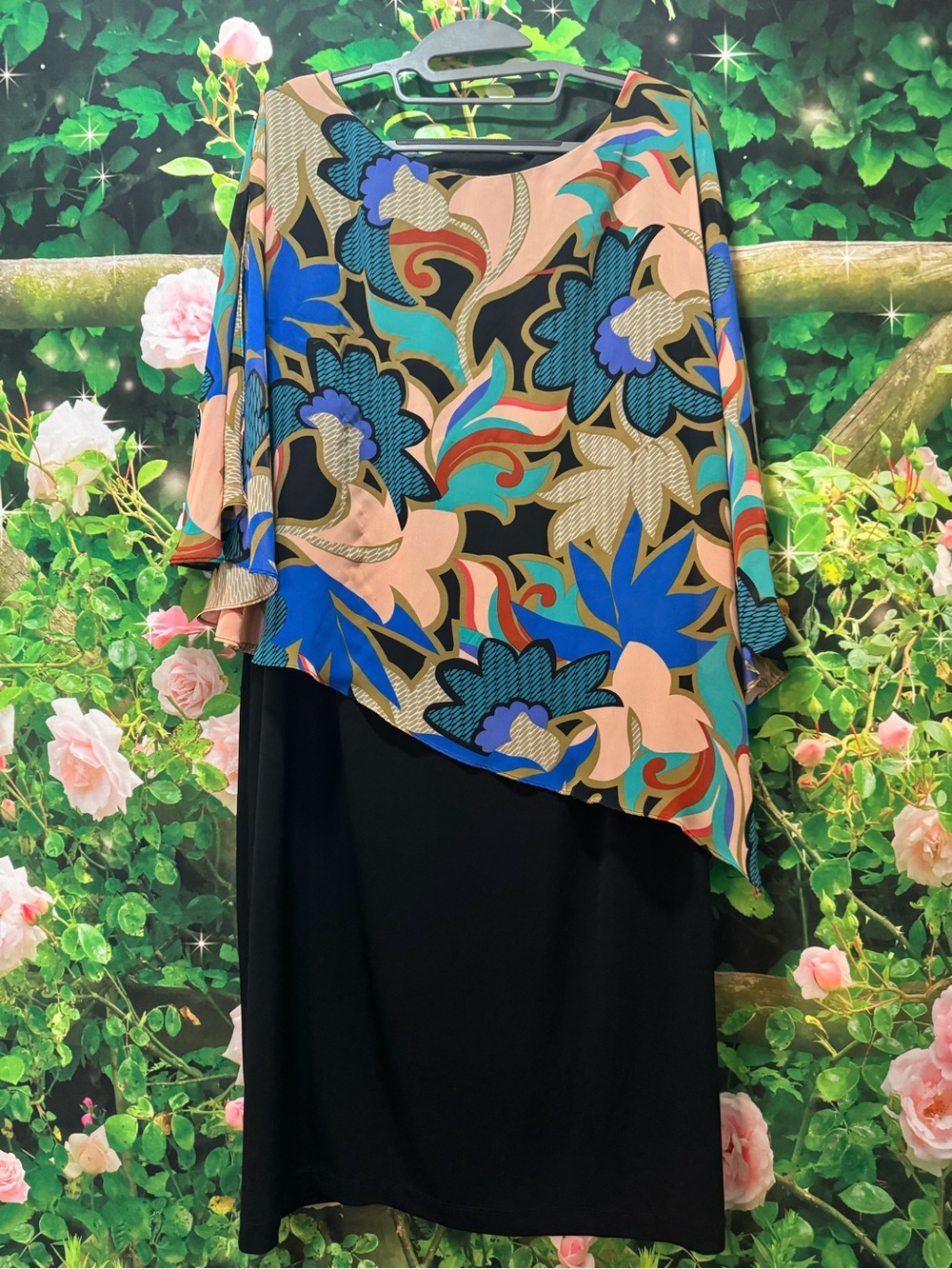 connected apparel Multicolor Floral Asymmetric Top with Black Skirt
